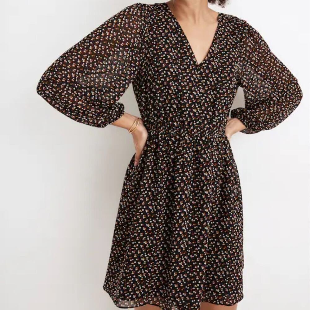 Madewell Georgette Black Ditsy Floral Button-Front Mini Dress Long Sleeve Boho M